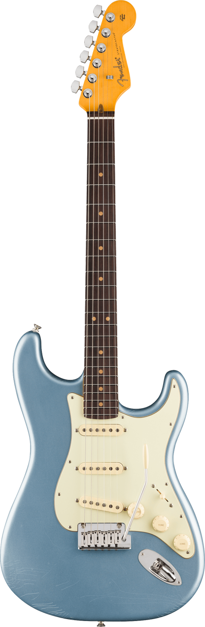 Full frontal of Fender American Ultra Luxe '60s Stratocaster Rosewood Ice Blue Metallic.