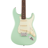 Front of Fender American Ultra Luxe '60s Stratocaster Rosewood Surf Green.