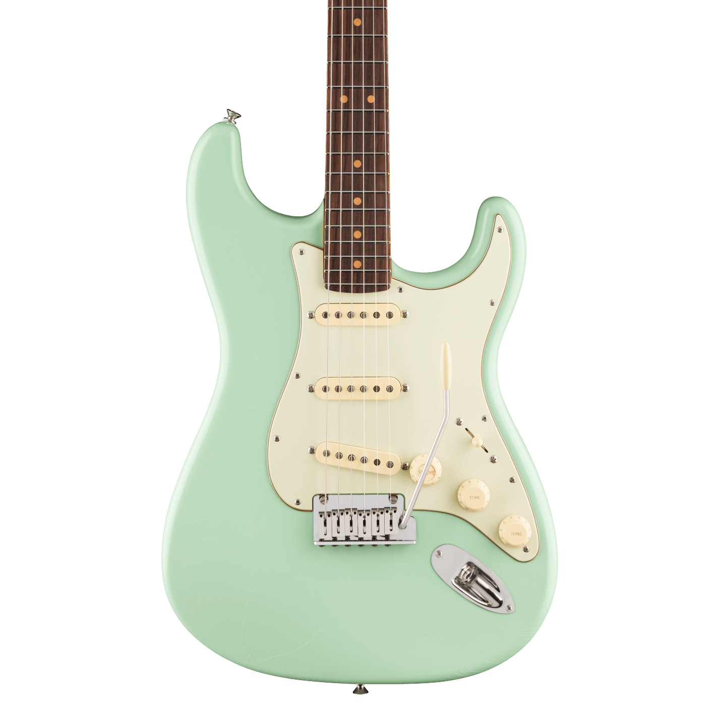 Front of Fender American Ultra Luxe '60s Stratocaster Rosewood Surf Green.