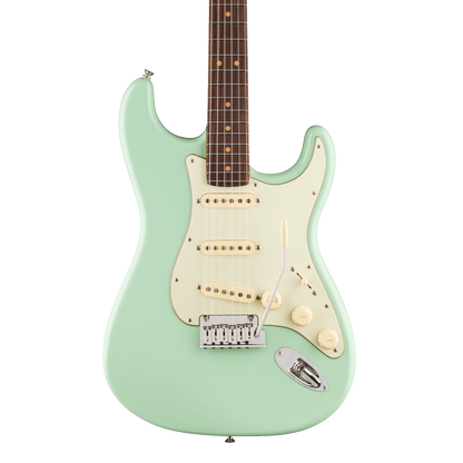 Front of Fender American Ultra Luxe '60s Stratocaster Rosewood Surf Green.