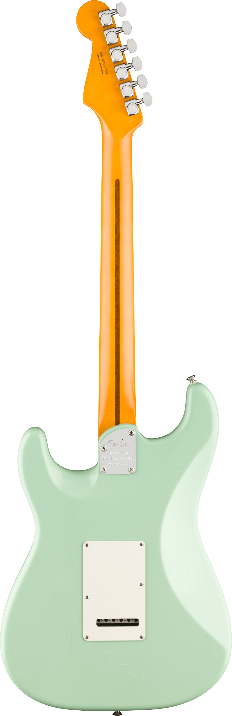 Back of Fender American Ultra Luxe '60s Stratocaster Rosewood Surf Green.
