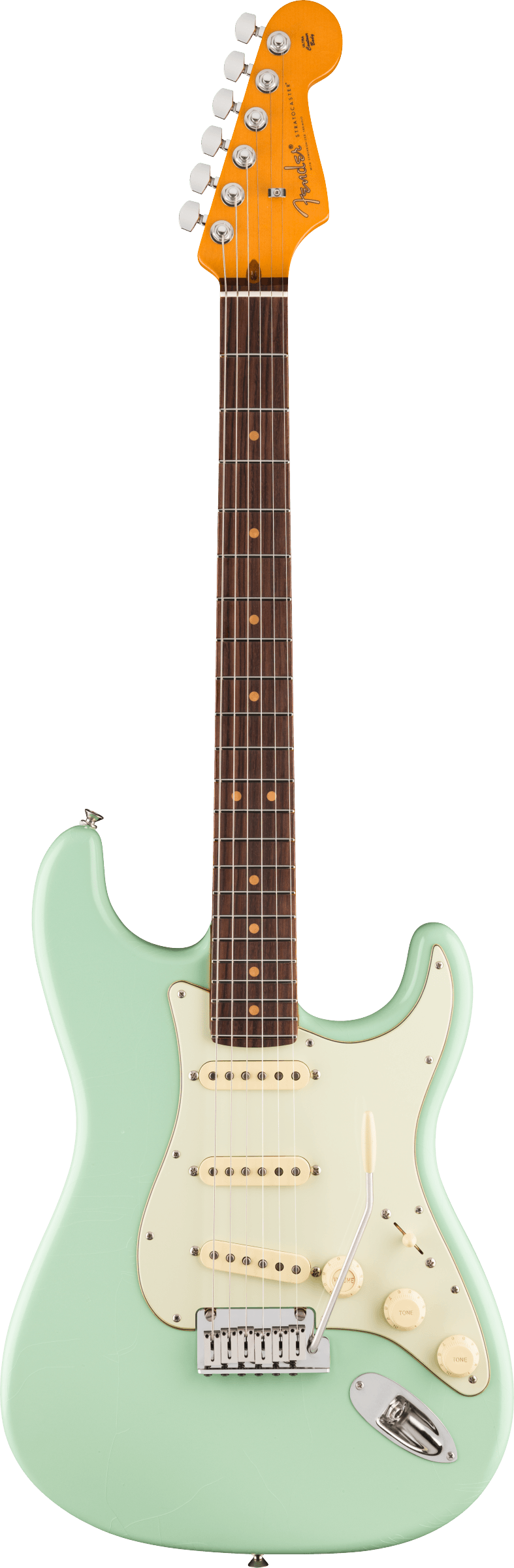 Full frontal of Fender American Ultra Luxe '60s Stratocaster Rosewood Surf Green.