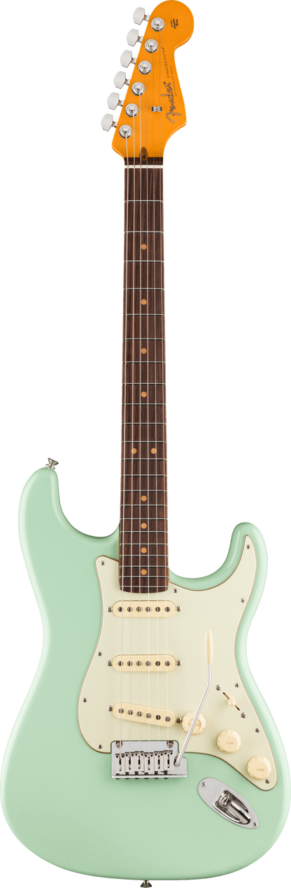 Full frontal of Fender American Ultra Luxe '60s Stratocaster Rosewood Surf Green.