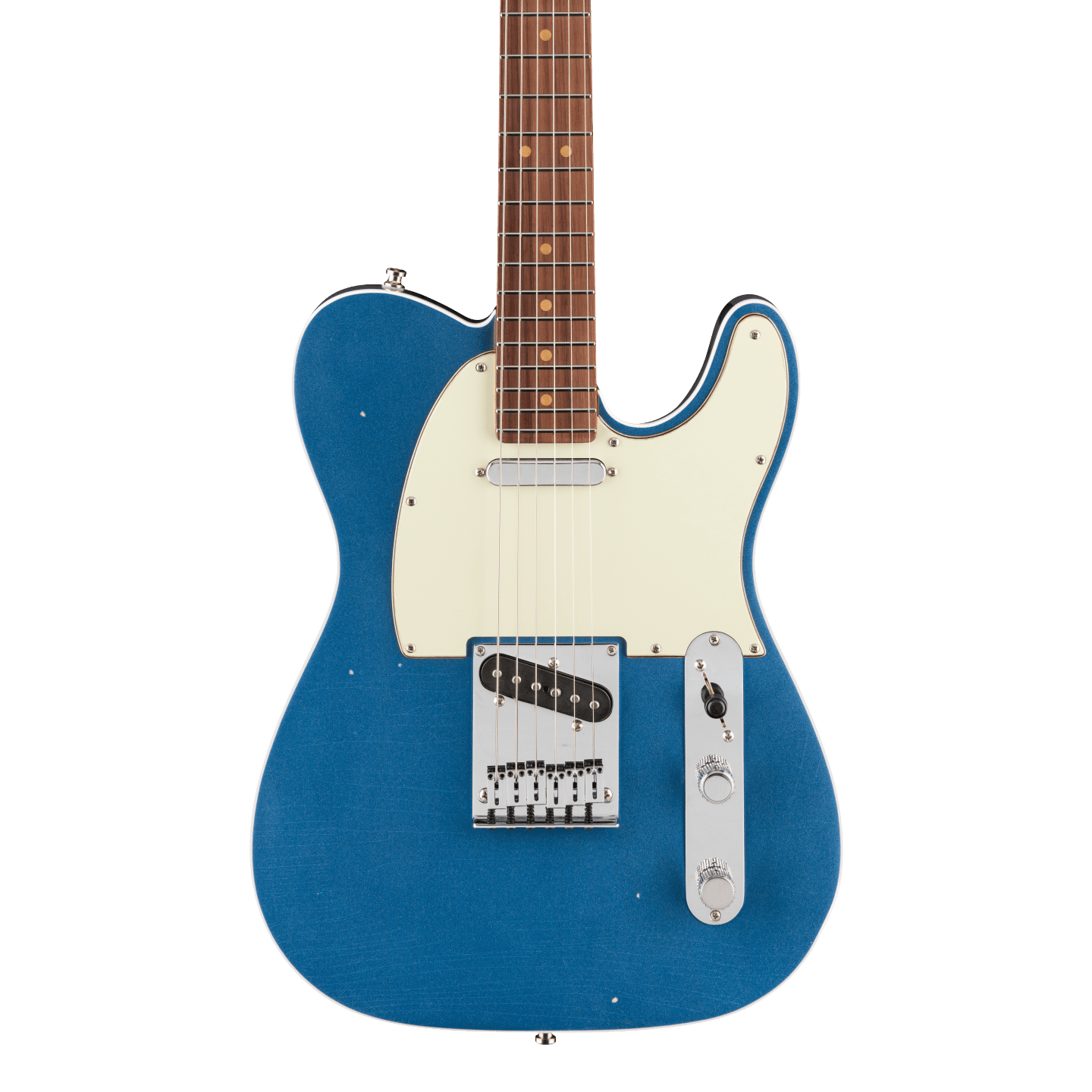 Front of Fender American Ultra Luxe '60s Telecaster Custom Rosewood Lake Placid Blue.