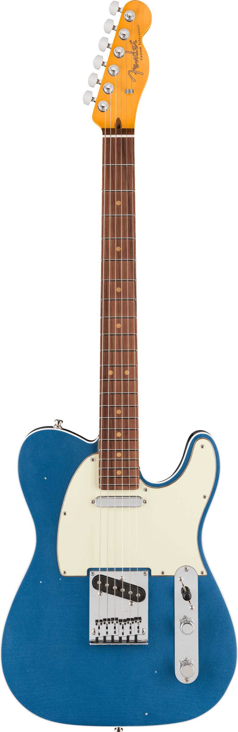 Full frontal of Fender American Ultra Luxe '60s Telecaster Custom Rosewood Lake Placid Blue.