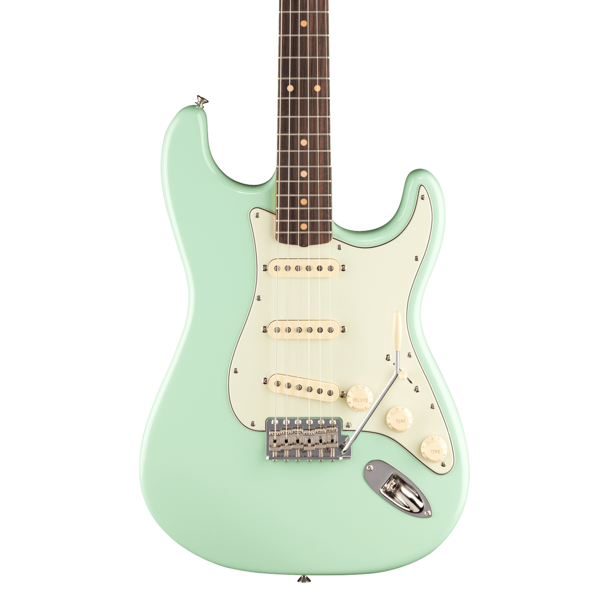 Front of Fender American Vintage II 1961 Stratocaster Rosewood Surf Green.