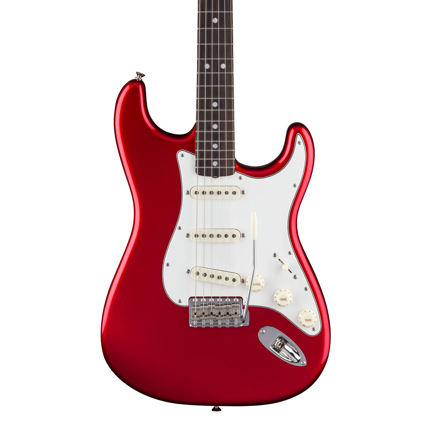 Front of Fender American Vintage II 1965 Stratocaster Round-Lam RW Candy Apple Red.