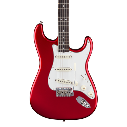 Front of Fender American Vintage II 1965 Stratocaster Round-Lam RW Candy Apple Red.