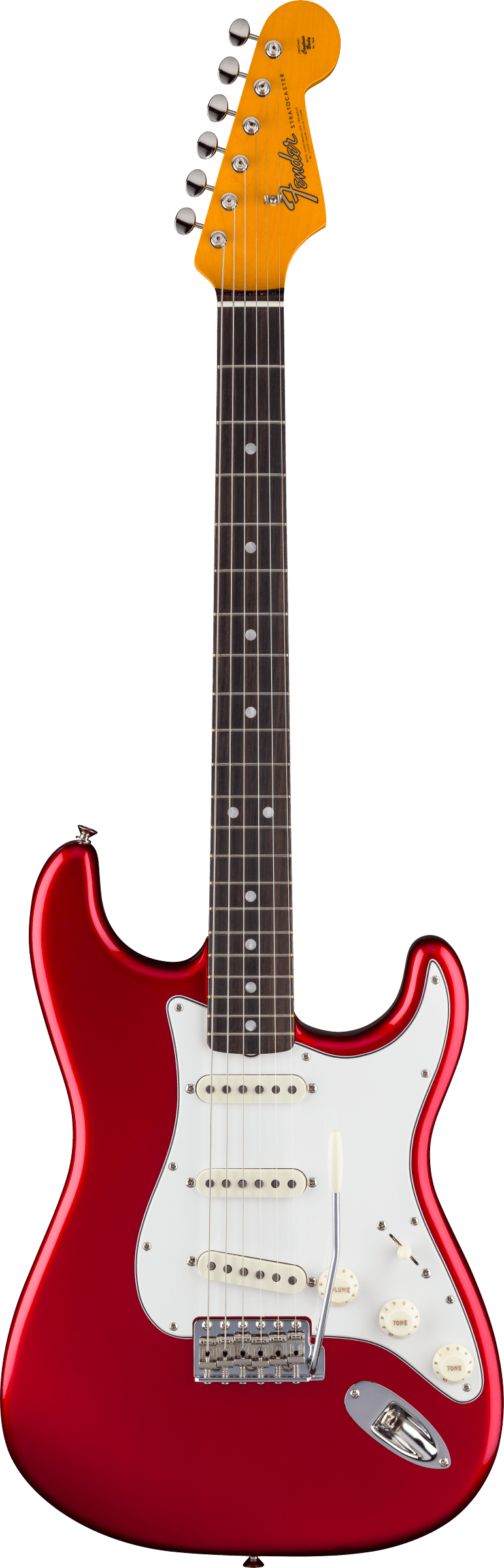 Full frontal of Fender American Vintage II 1965 Stratocaster Round-Lam RW Candy Apple Red.
