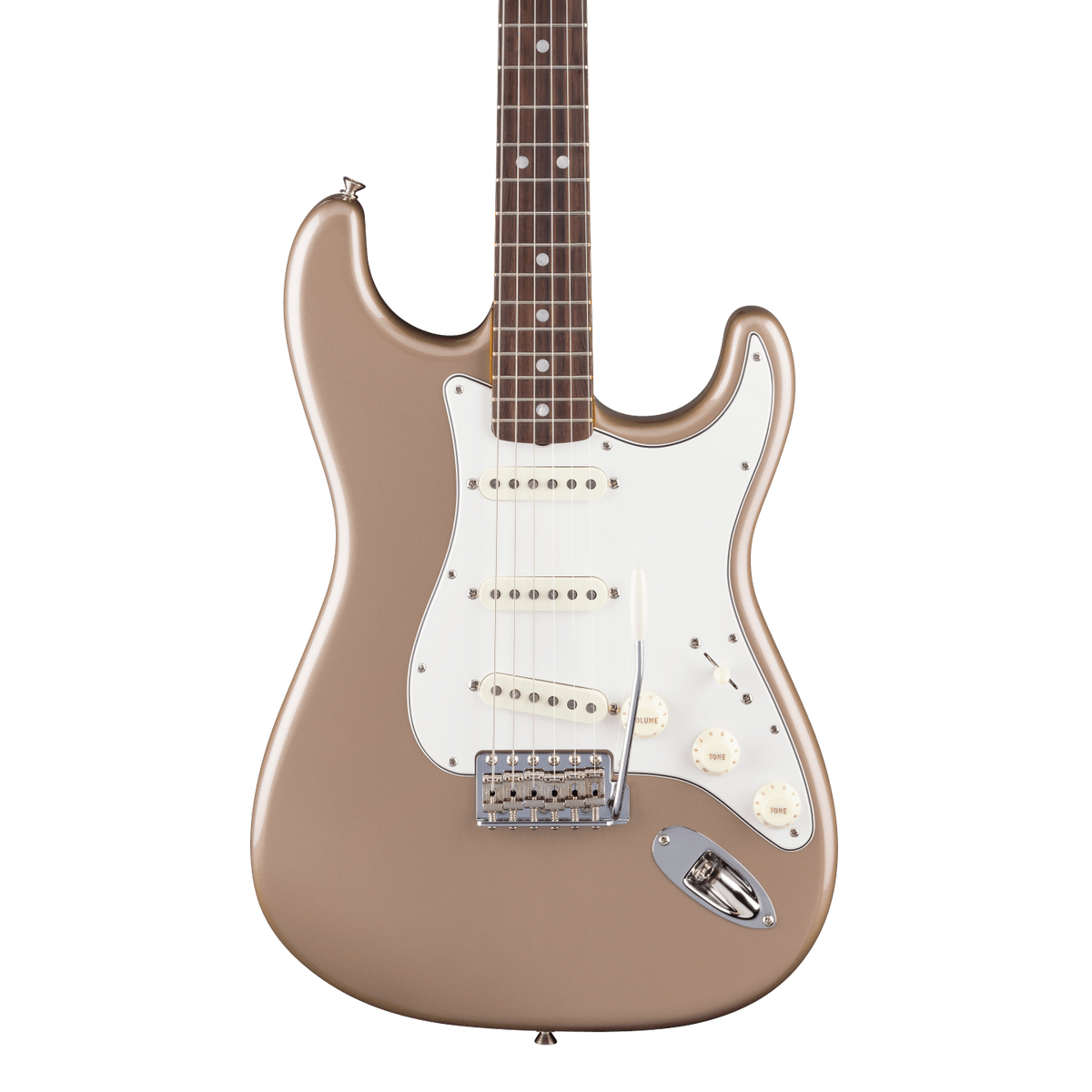 Front of Fender American Vintage II 1965 Stratocaster Round-Lam RW Shoreline Gold.