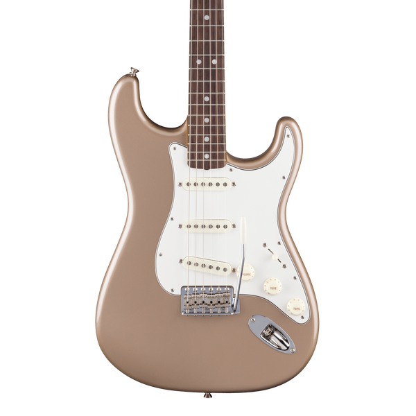 Front of Fender American Vintage II 1965 Stratocaster Round-Lam RW Shoreline Gold.