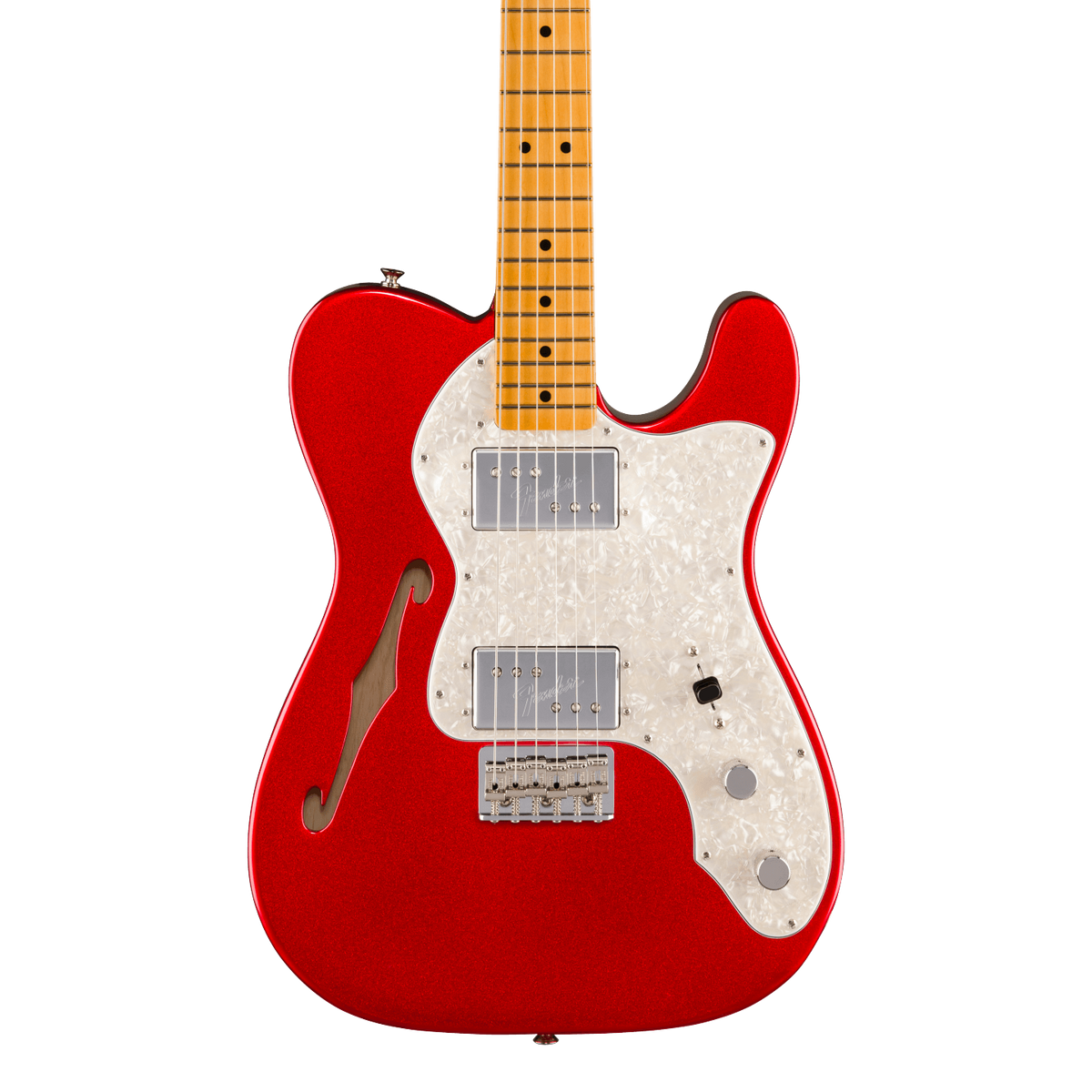 Front of Fender American Vintage II 1972 Telecaster Thinline Maple Candy Apple Red.