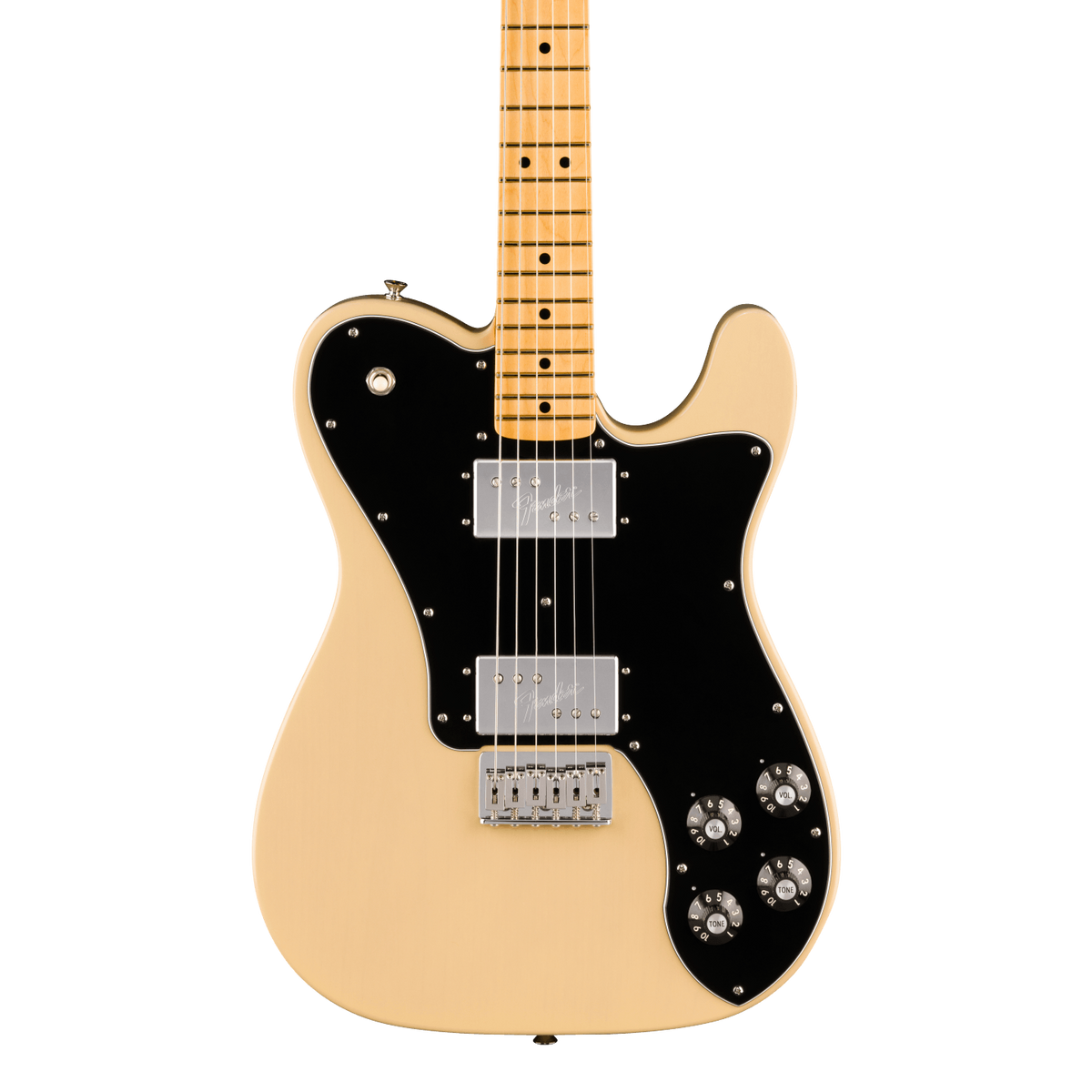 Front of Fender American Vintage II 1975 Telecaster Deluxe Maple Vintage Blonde.
