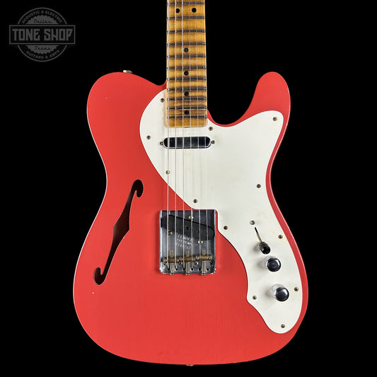 Front of Fender Custom Shop 1950s Thinline Telecaster Journeyman Relic Aged Fiesta Red R143267.