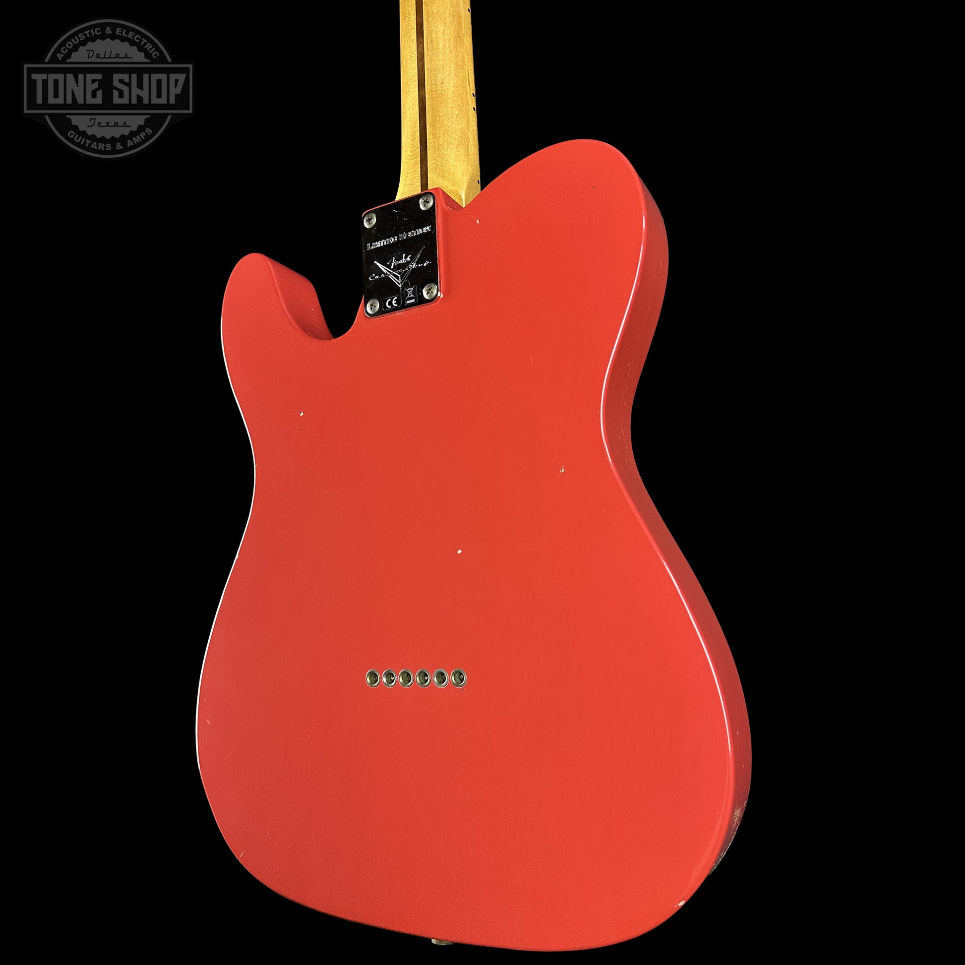 Back right angle of Fender Custom Shop 1950s Thinline Telecaster Journeyman Relic Aged Fiesta Red R143267.