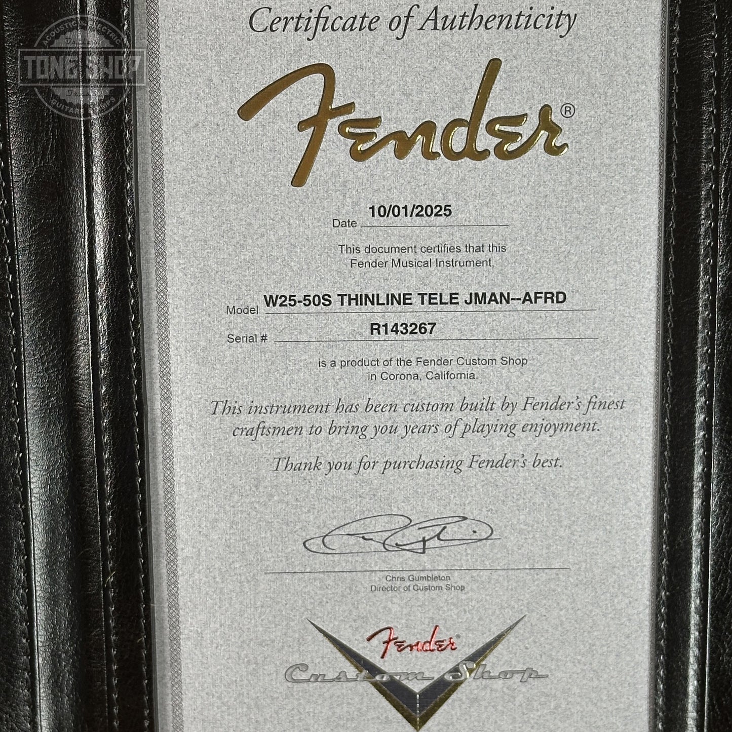Certificate of Authenticity for Fender Custom Shop 1950s Thinline Telecaster Journeyman Relic Aged Fiesta Red R143267.
