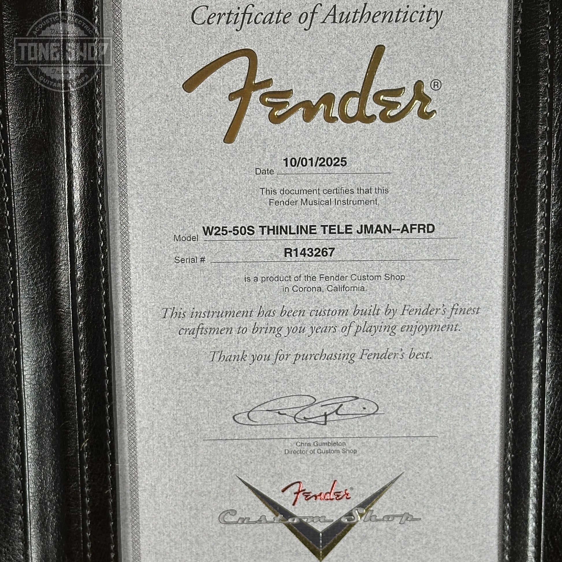 Certificate of Authenticity for Fender Custom Shop 1950s Thinline Telecaster Journeyman Relic Aged Fiesta Red R143267.