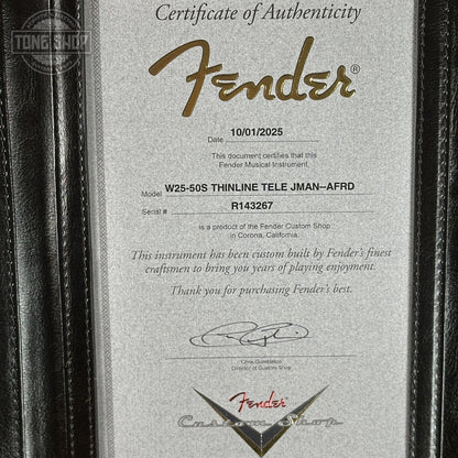 Certificate of Authenticity for Fender Custom Shop 1950s Thinline Telecaster Journeyman Relic Aged Fiesta Red R143267.