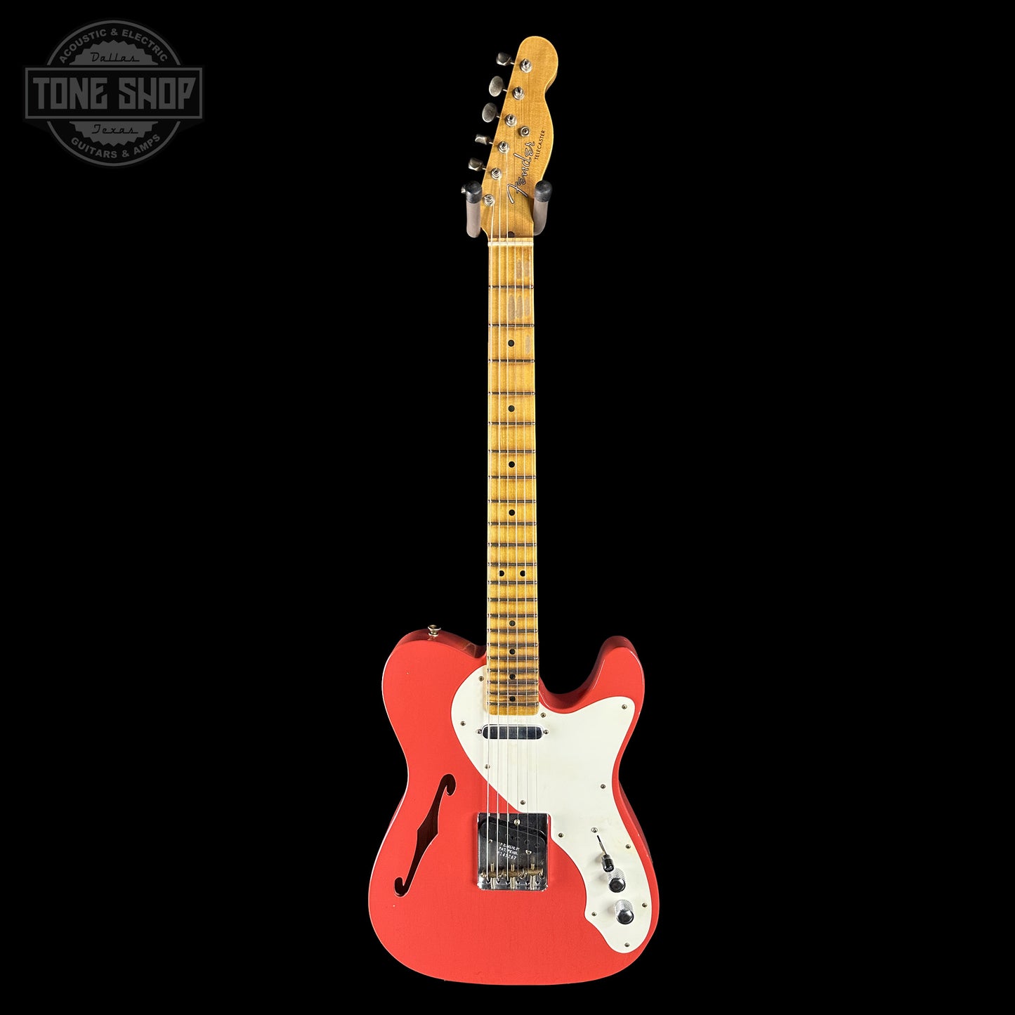 Full frontal of Fender Custom Shop 1950s Thinline Telecaster Journeyman Relic Aged Fiesta Red R143267.
