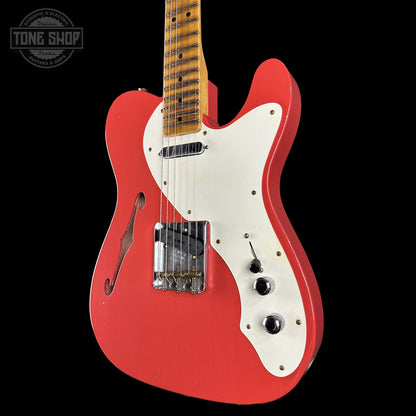Front right angle of Fender Custom Shop 1950s Thinline Telecaster Journeyman Relic Aged Fiesta Red R143267