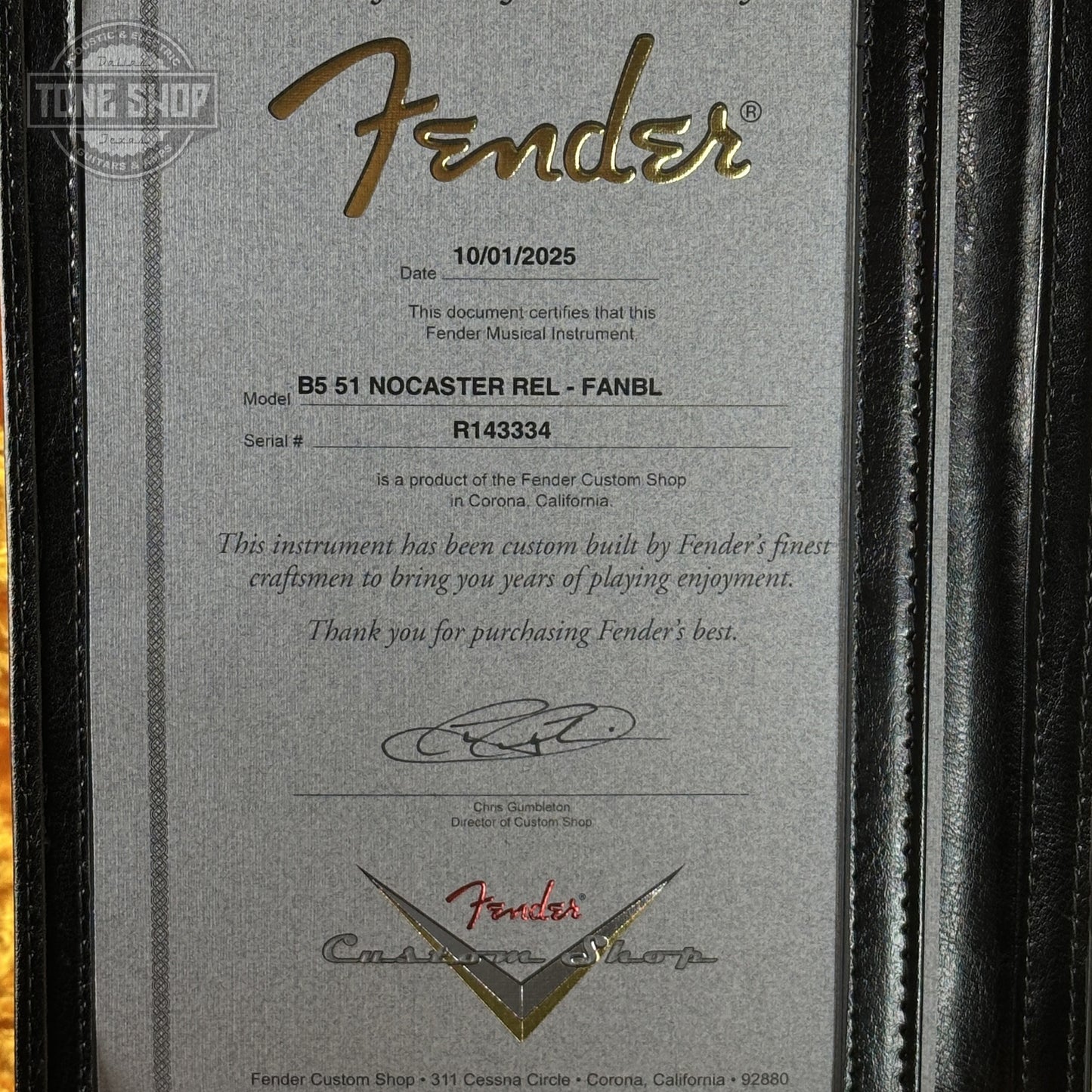 Certificate of Authenticity for Fender Custom Shop 1951 Nocaster Relic Faded Aged Nocaster Blonde R143334.