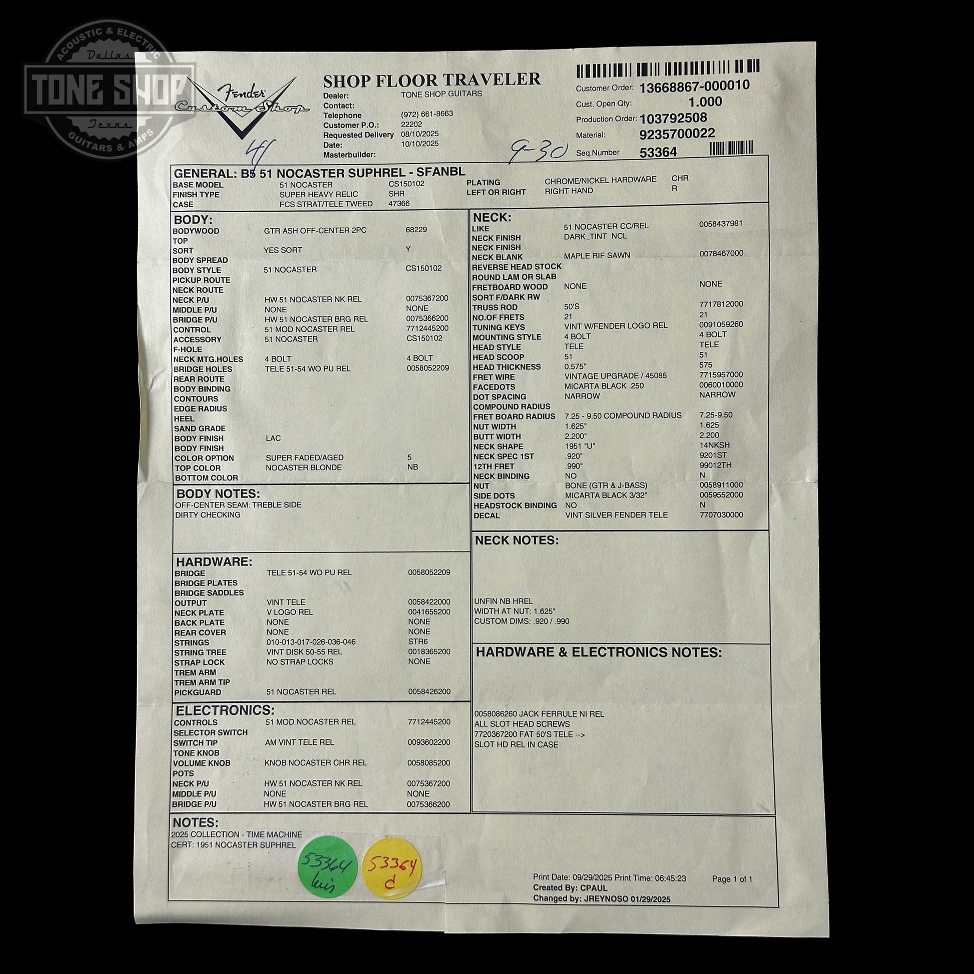 Spec sheet for Fender Custom Shop 1951 Nocaster Super Heavy Relic Super Faded Aged Nocaster Blonde.