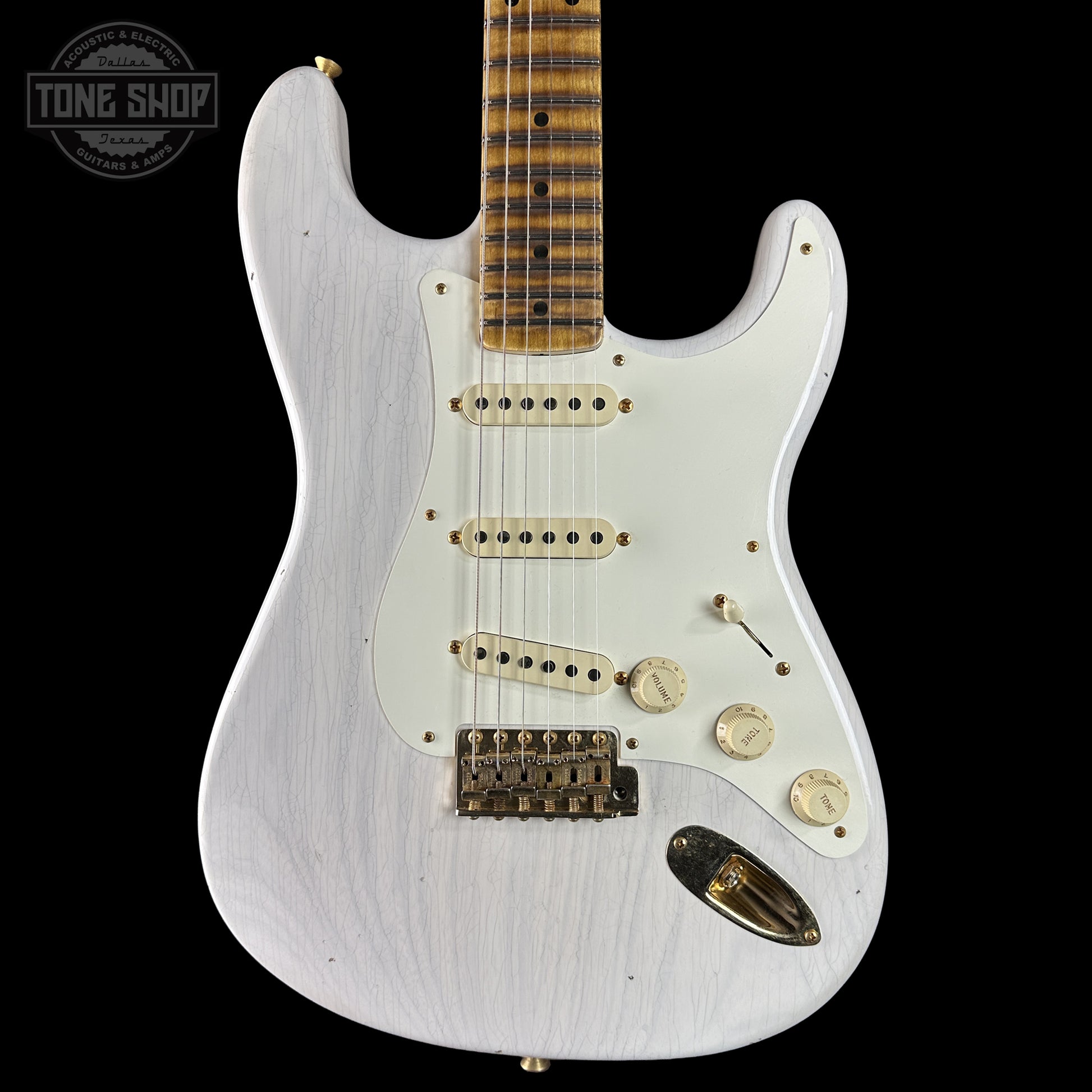 Front of Fender Custom Shop 1957 Stratocaster Journeyman Relic White Blonde AAA Maple Neck.