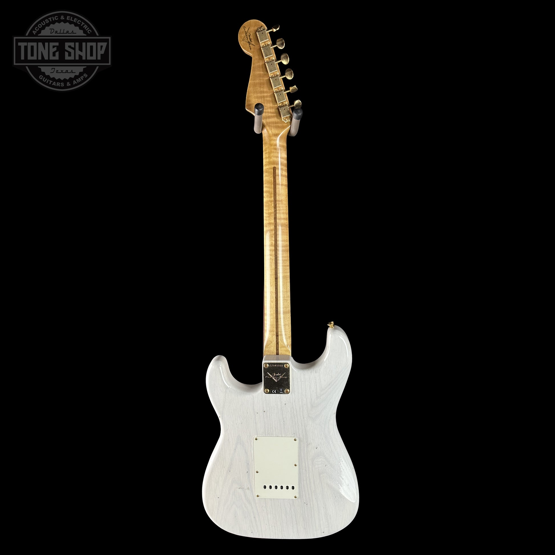 Back of Fender Custom Shop 1957 Stratocaster Journeyman Relic White Blonde AAA Maple Neck.