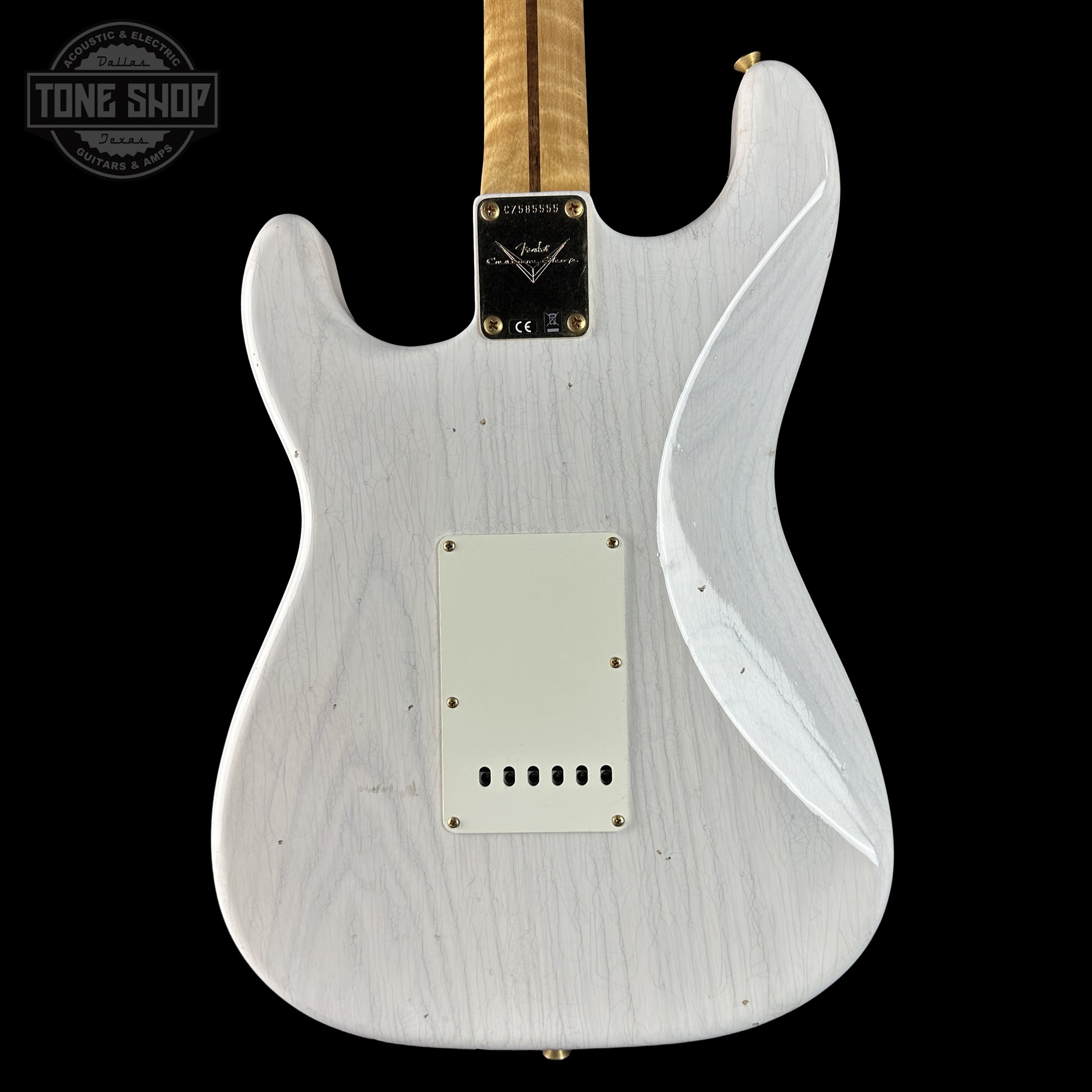 Back of Fender Custom Shop 1957 Stratocaster Journeyman Relic White Blonde AAA Maple Neck body.