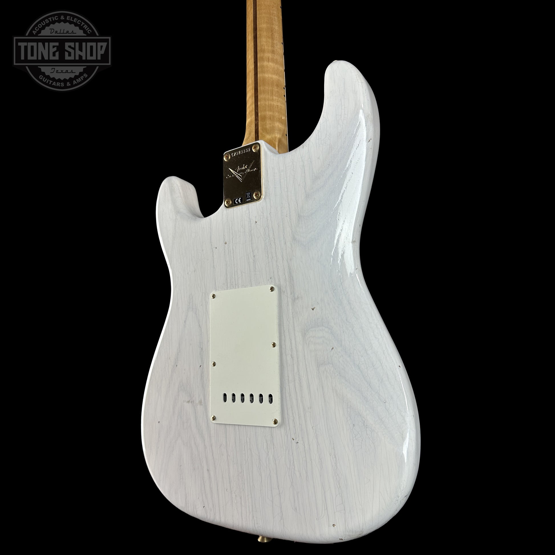 Back right angle of Fender Custom Shop 1957 Stratocaster Journeyman Relic White Blonde AAA Maple Neck body.