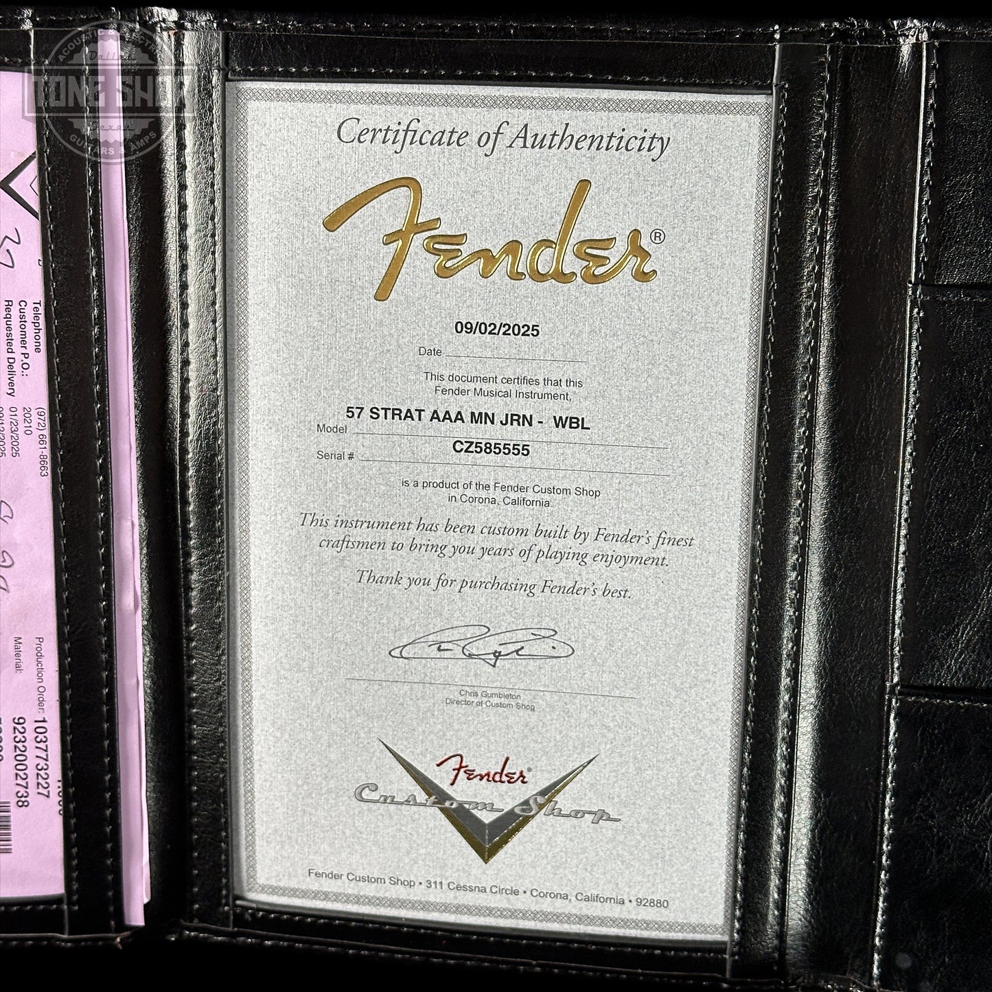 Certificate of Authenticity for Fender Custom Shop 1957 Stratocaster Journeyman Relic White Blonde AAA Maple Neck.