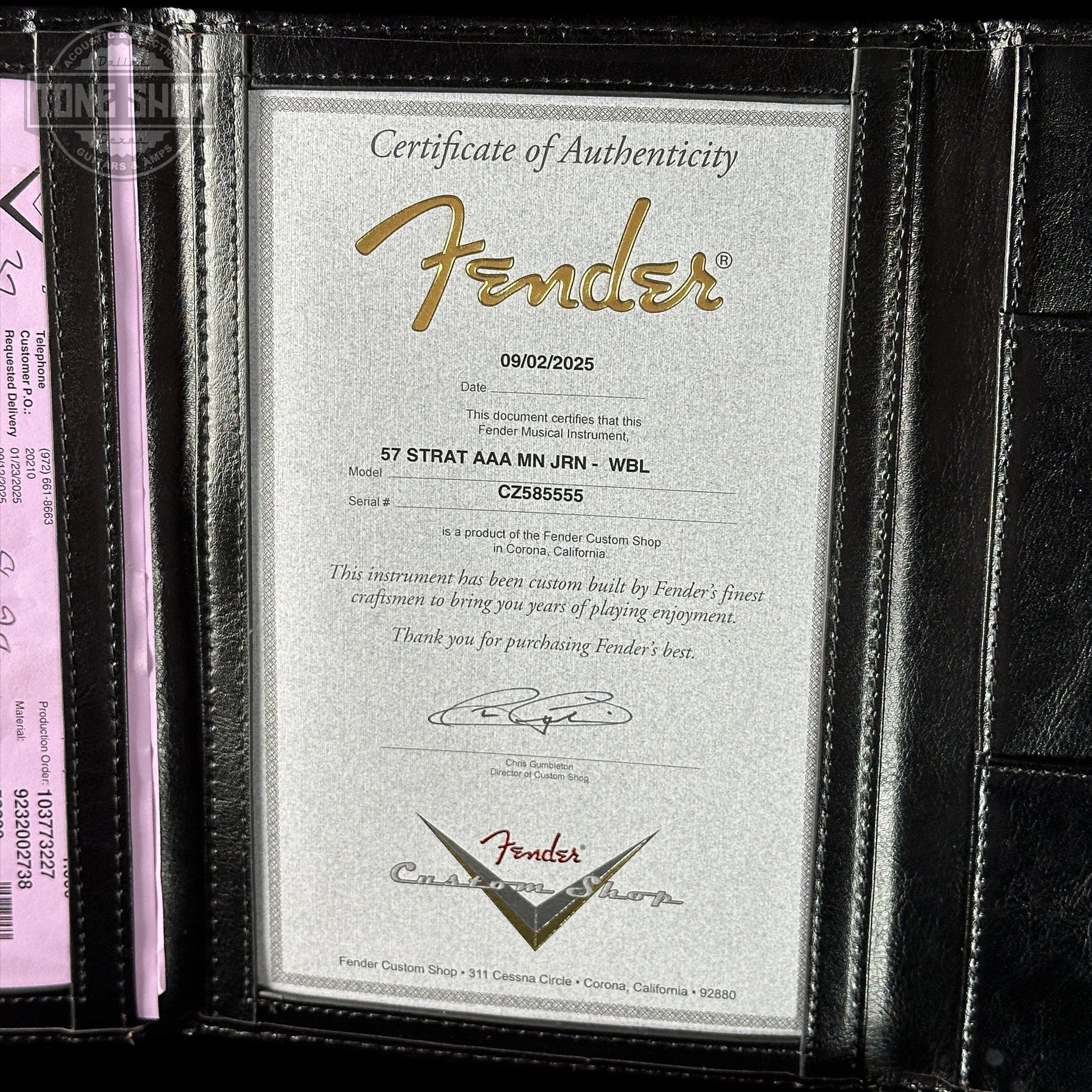 Certificate of Authenticity for Fender Custom Shop 1957 Stratocaster Journeyman Relic White Blonde AAA Maple Neck.