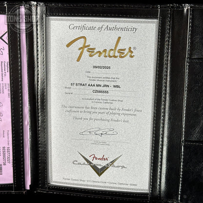 Certificate of Authenticity for Fender Custom Shop 1957 Stratocaster Journeyman Relic White Blonde AAA Maple Neck.
