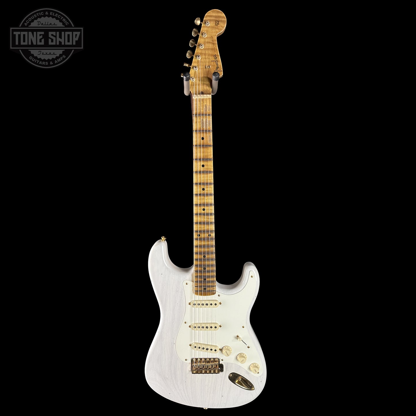 Full frontal of Fender Custom Shop 1957 Stratocaster Journeyman Relic White Blonde AAA Maple Neck.