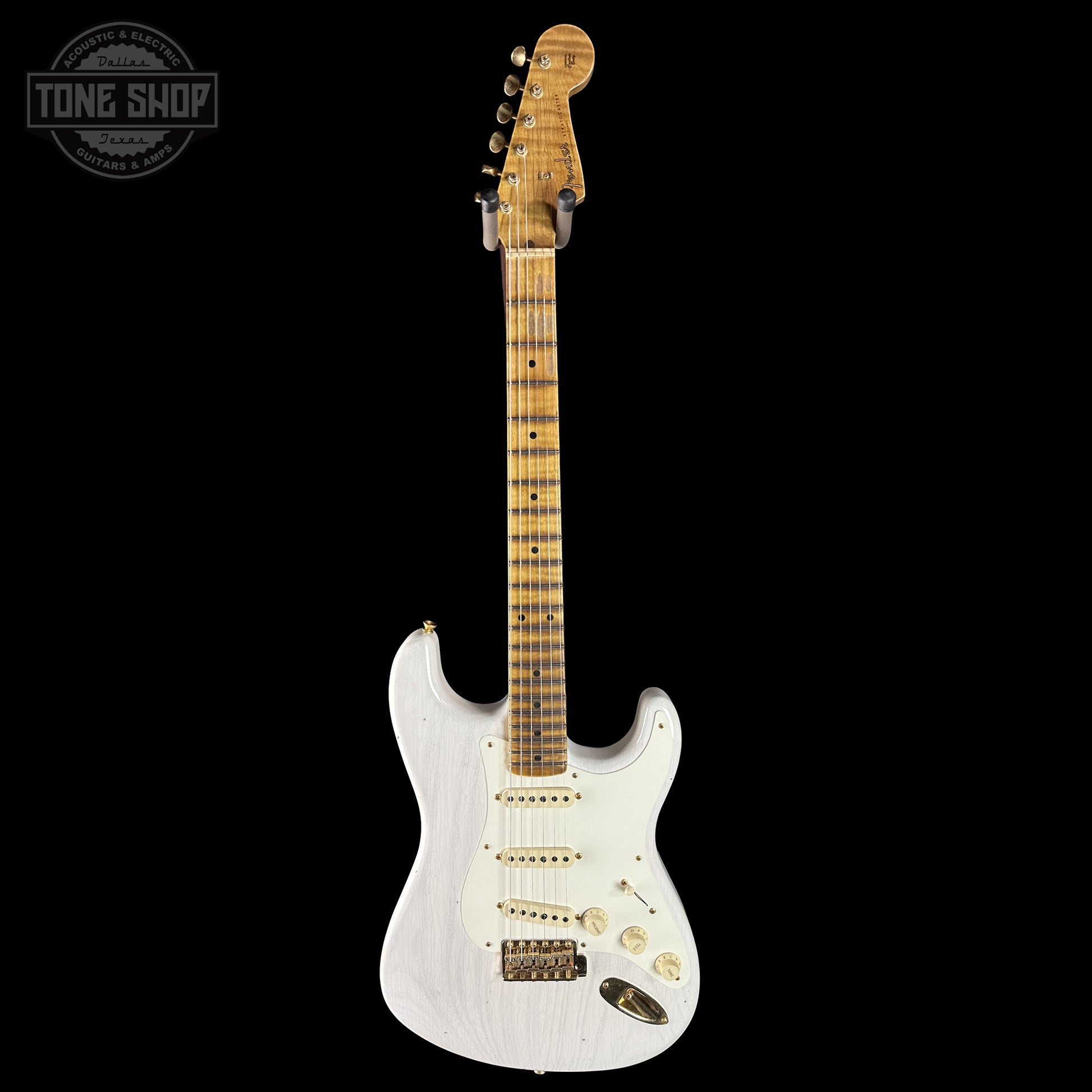 Full frontal of Fender Custom Shop 1957 Stratocaster Journeyman Relic White Blonde AAA Maple Neck.