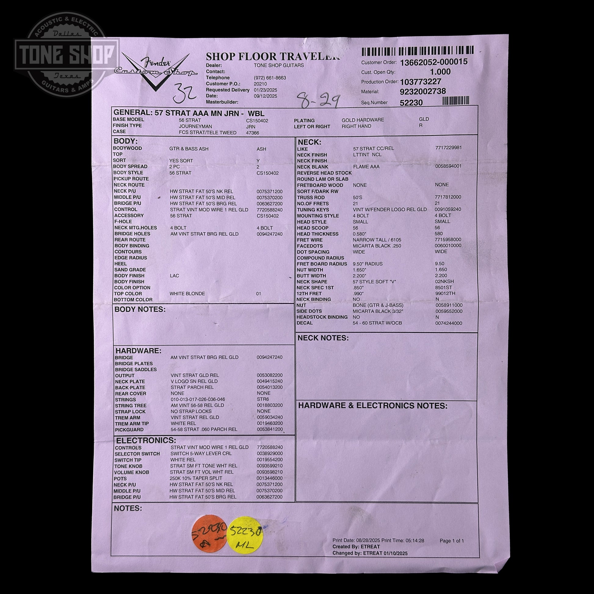 Spec sheet for Fender Custom Shop 1957 Stratocaster Journeyman Relic White Blonde AAA Maple Neck.