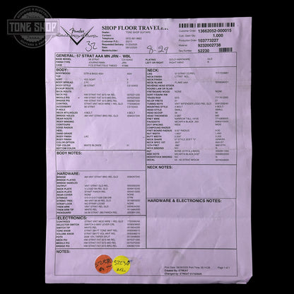 Spec sheet for Fender Custom Shop 1957 Stratocaster Journeyman Relic White Blonde AAA Maple Neck.