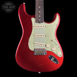 Front of Fender Custom Shop 1963 Stratocaster Journeyman Relic Candy Apple Red AAA Maple Neck.