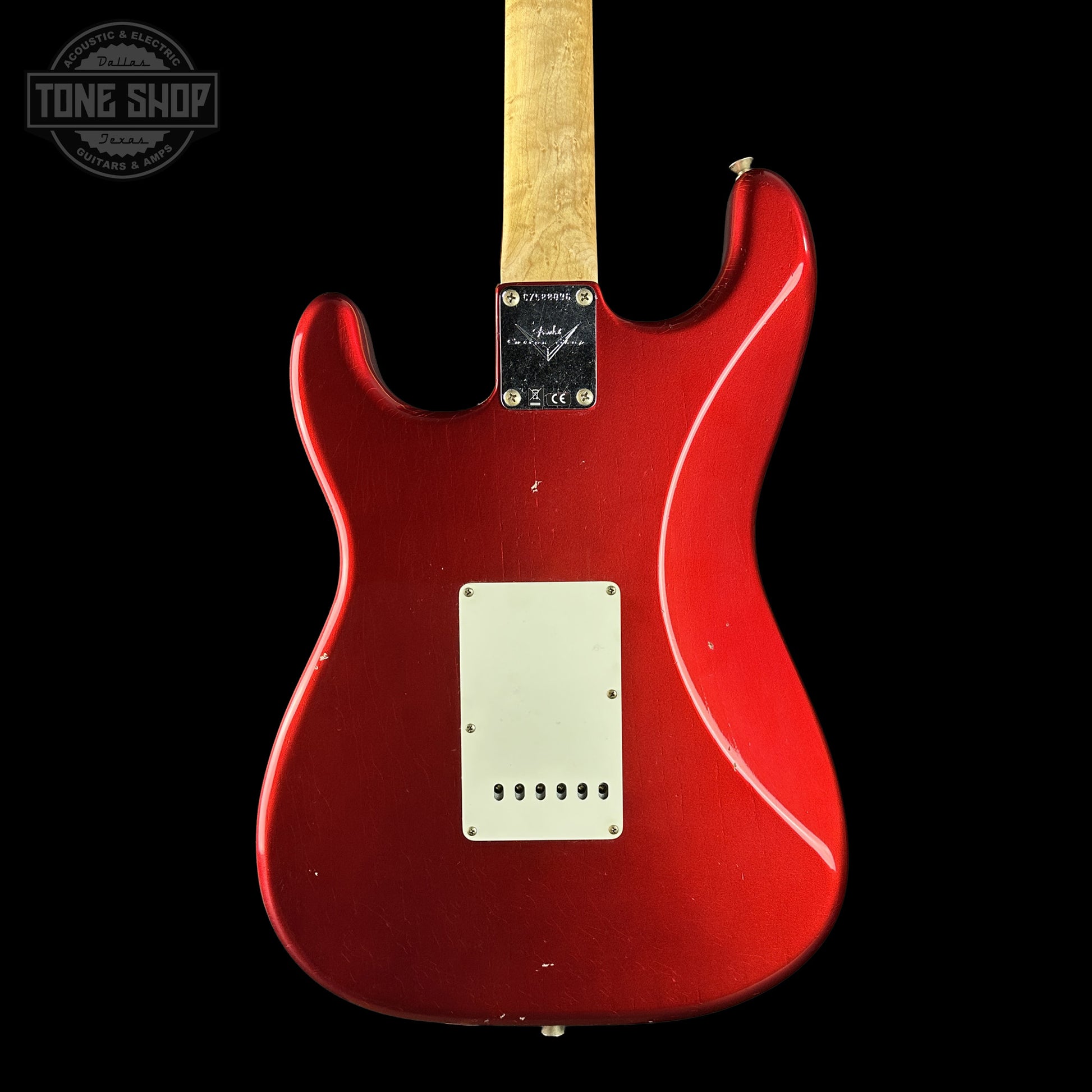 Back of Fender Custom Shop 1963 Stratocaster Journeyman Relic Candy Apple Red AAA Maple Neck body.