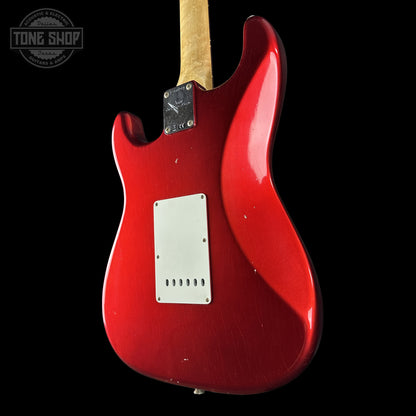 Back right angle of Fender Custom Shop 1963 Stratocaster Journeyman Relic Candy Apple Red AAA Maple Neck body.
