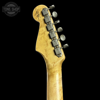 Back of Fender Custom Shop 1963 Stratocaster Journeyman Relic Candy Apple Red AAA Maple Neck headstock.