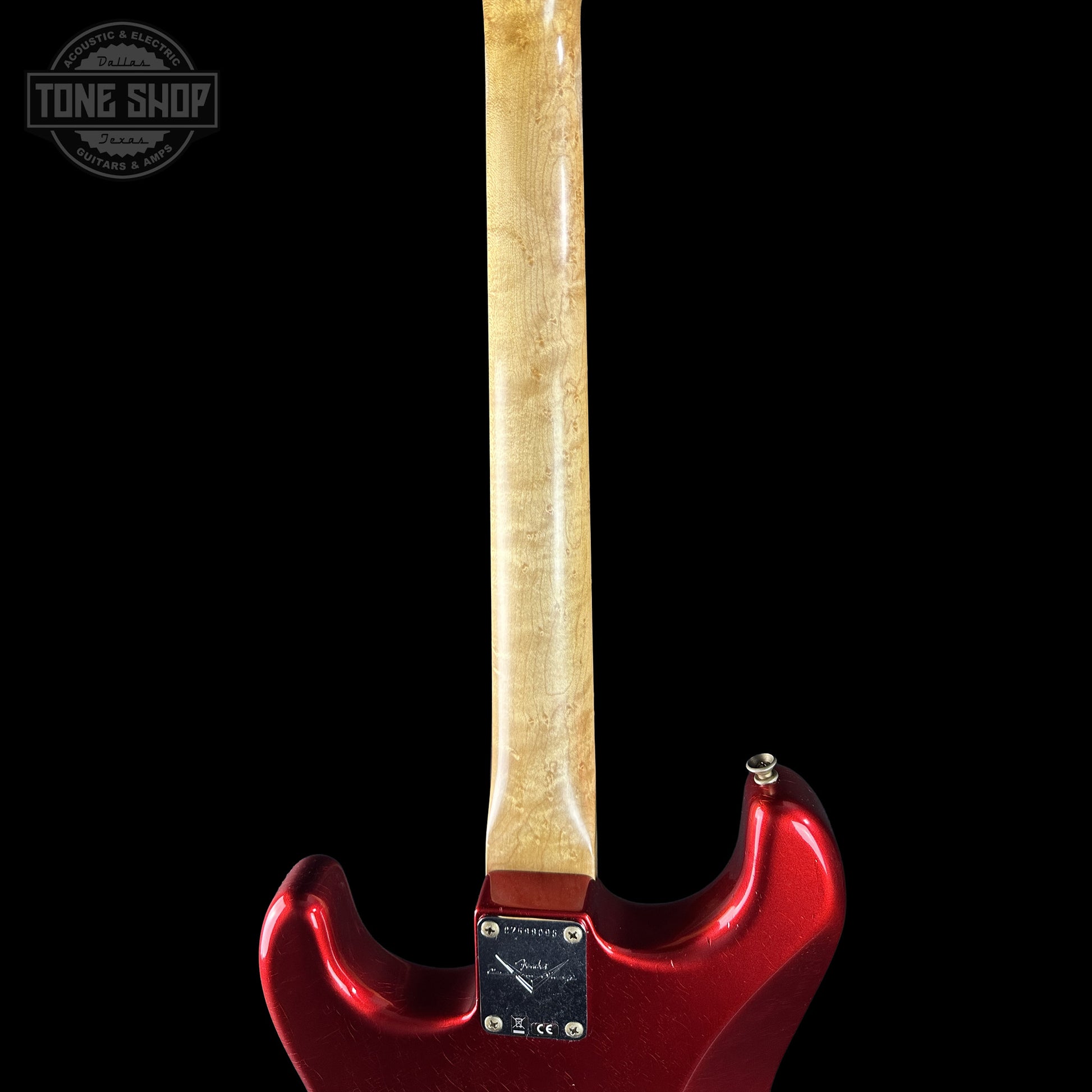 Back of Fender Custom Shop 1963 Stratocaster Journeyman Relic Candy Apple Red AAA Maple Neck close-up of neck.