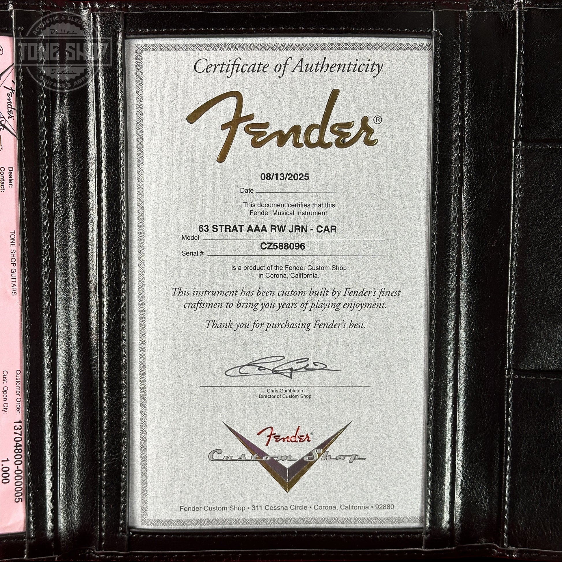 Certificate of Authenticity for Fender Custom Shop 1963 Stratocaster Journeyman Relic Candy Apple Red AAA Maple Neck.