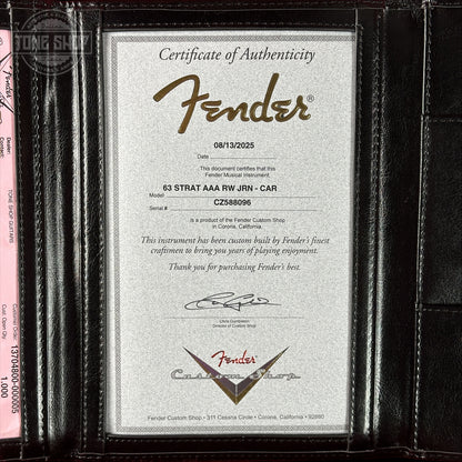 Certificate of Authenticity for Fender Custom Shop 1963 Stratocaster Journeyman Relic Candy Apple Red AAA Maple Neck.