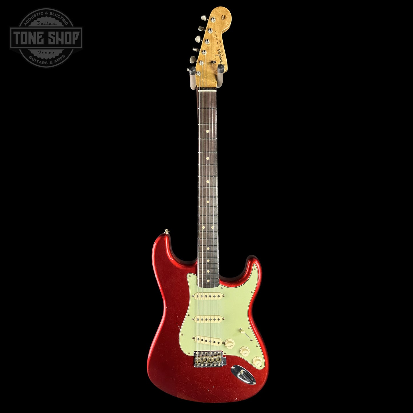Full frontal of Fender Custom Shop 1963 Stratocaster Journeyman Relic Candy Apple Red AAA Maple Neck.
