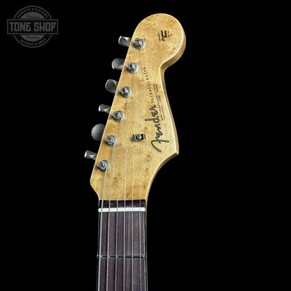 Headstock of Fender Custom Shop 1963 Stratocaster Journeyman Relic Candy Apple Red AAA Maple Neck.