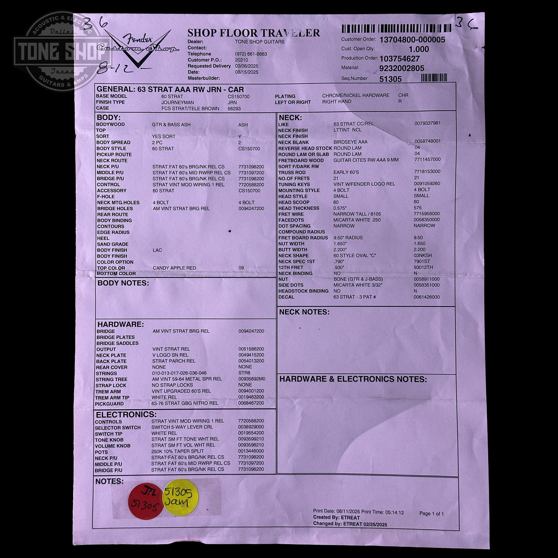 Spec sheet for Fender Custom Shop 1963 Stratocaster Journeyman Relic Candy Apple Red AAA Maple Neck.