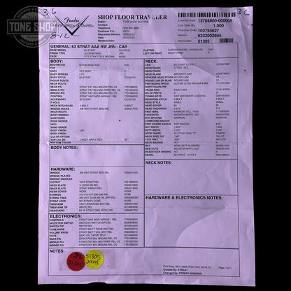 Spec sheet for Fender Custom Shop 1963 Stratocaster Journeyman Relic Candy Apple Red AAA Maple Neck.