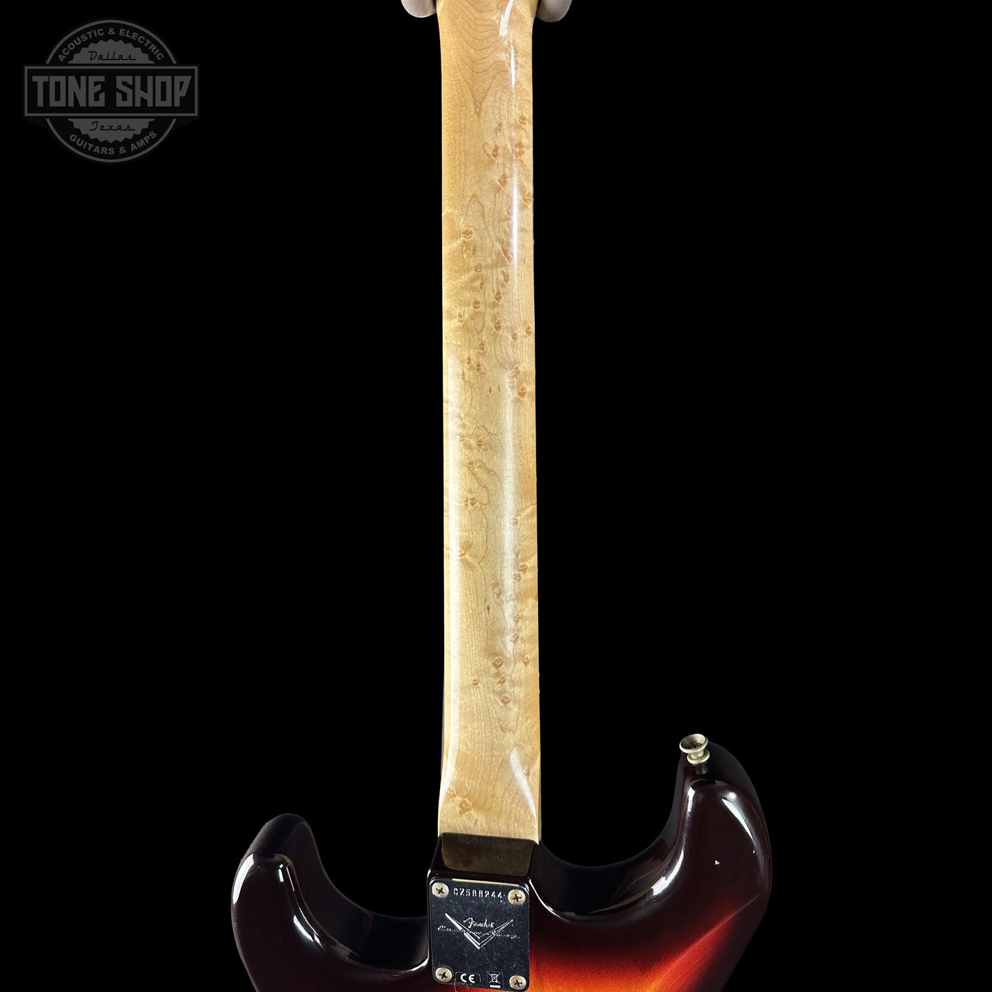 Back of Fender Custom Shop 1963 Stratocaster Journeyman Relic Chocolate 3 Tone Sunburst AAA Maple Neck Fender Custom Shop 1963 Stratocaster Journeyman Relic Chocolate 3 Tone Sunburst AAA Maple Neck CZ588244 neck.