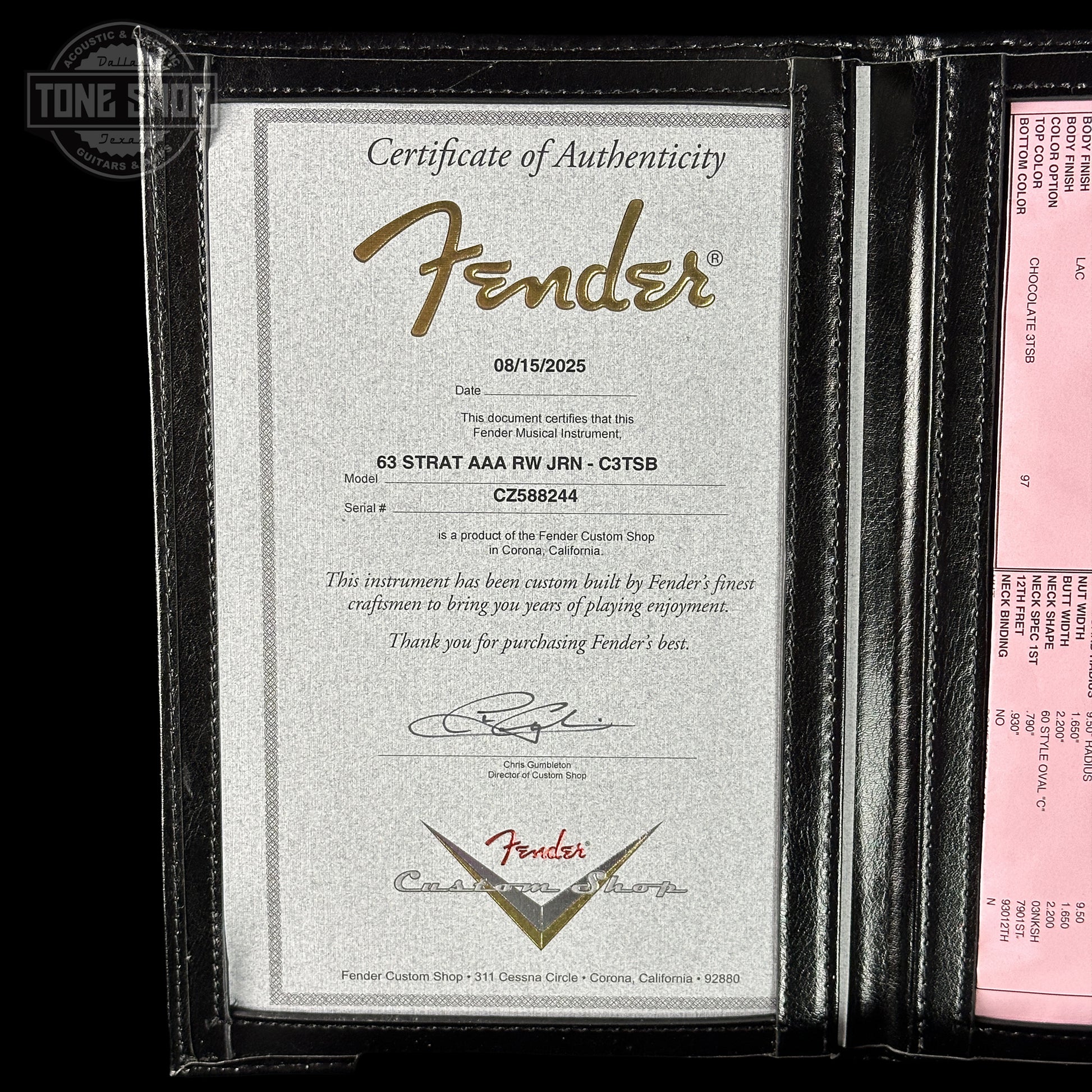 Certificate of Authenticity for Fender Custom Shop 1963 Stratocaster Journeyman Relic Chocolate 3 Tone Sunburst AAA Maple Neck Fender Custom Shop 1963 Stratocaster Journeyman Relic Chocolate 3 Tone Sunburst AAA Maple Neck CZ588244.